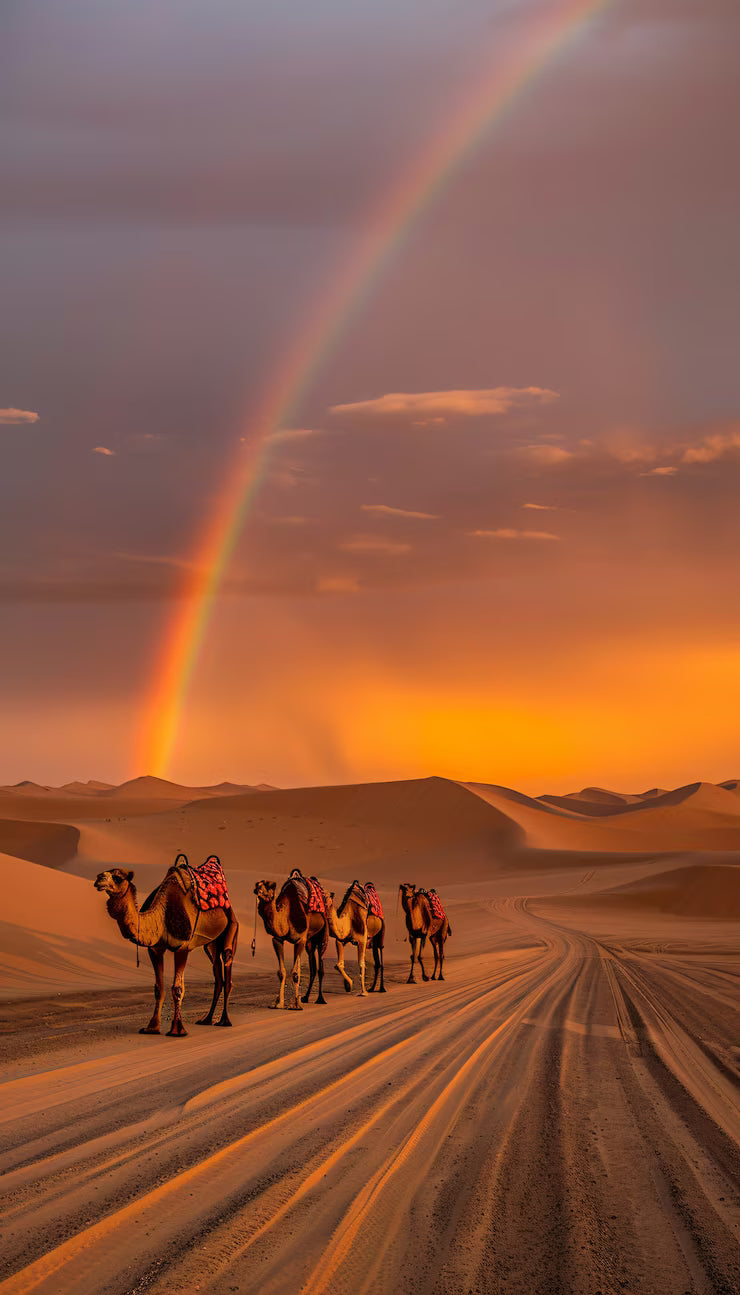 Caravane de chameaux dans le désert sous un arc-en-ciel